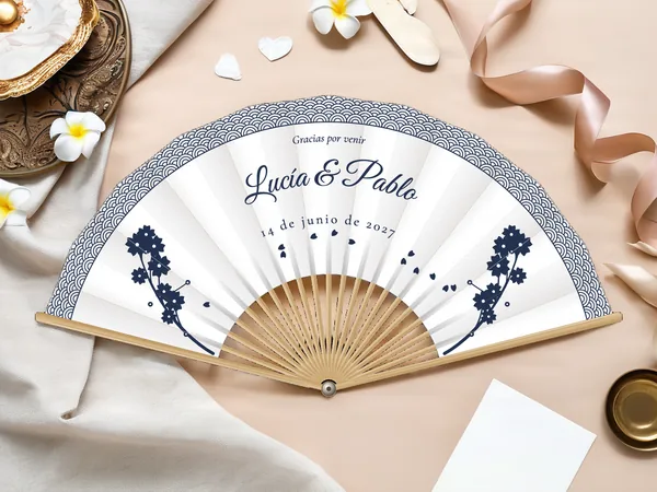 Abanico de boda personalizado «Sakura», tela blanco e impresión en azul marino, sobre una mesa de boda